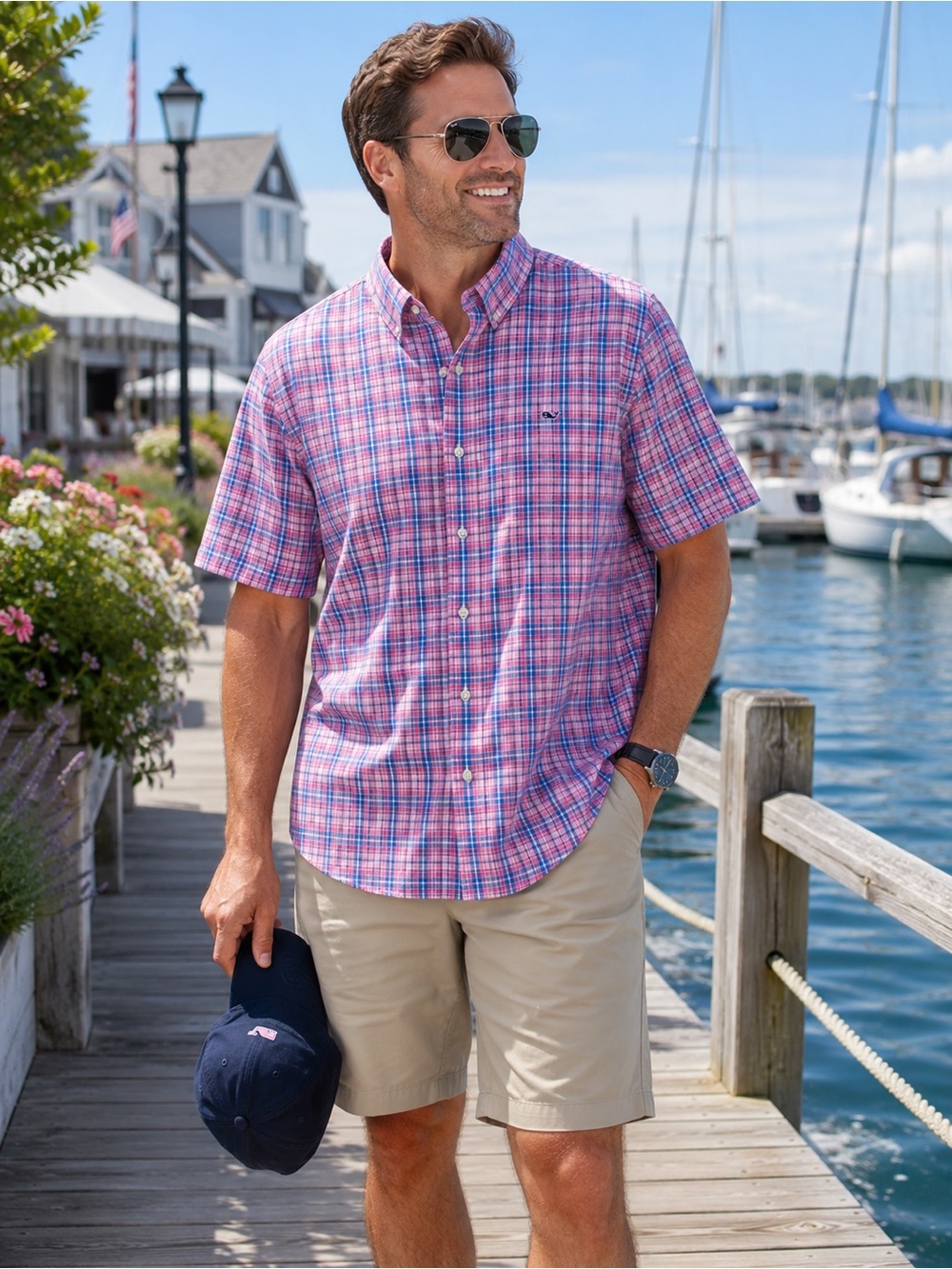 Vineyard Vines Slim Fit Whale Shirt 2XL Pink Blue Plaid Cotton Button Up